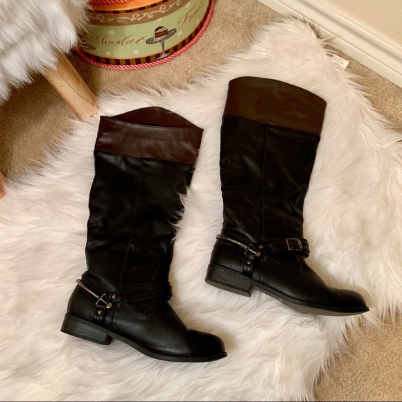 BAMBOO Shoes - Bamboo Two Toned Black & Brown Vegan Leather Zip Up Riding Boots 7.5